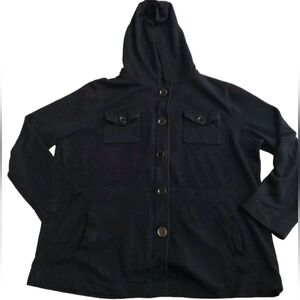 Talbots Button up Hooded Shirt Woman 10/12 Petites Black Lightweight Pockets Zip